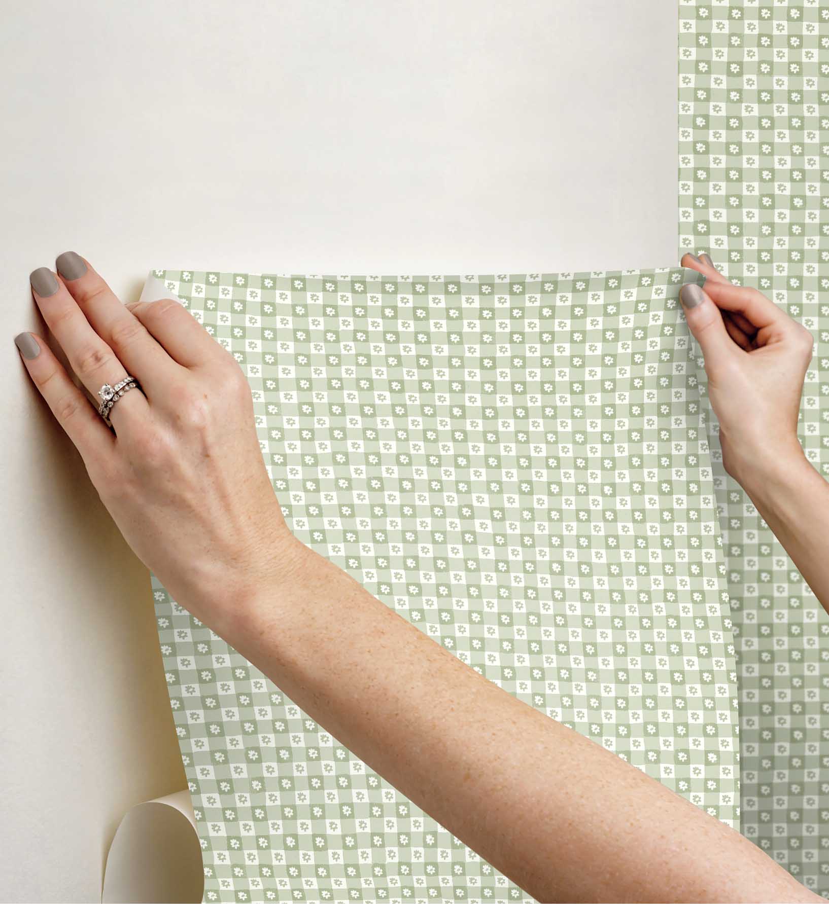 Daisy Gingham Peel & Stick Wallpaper - Green - Image 3