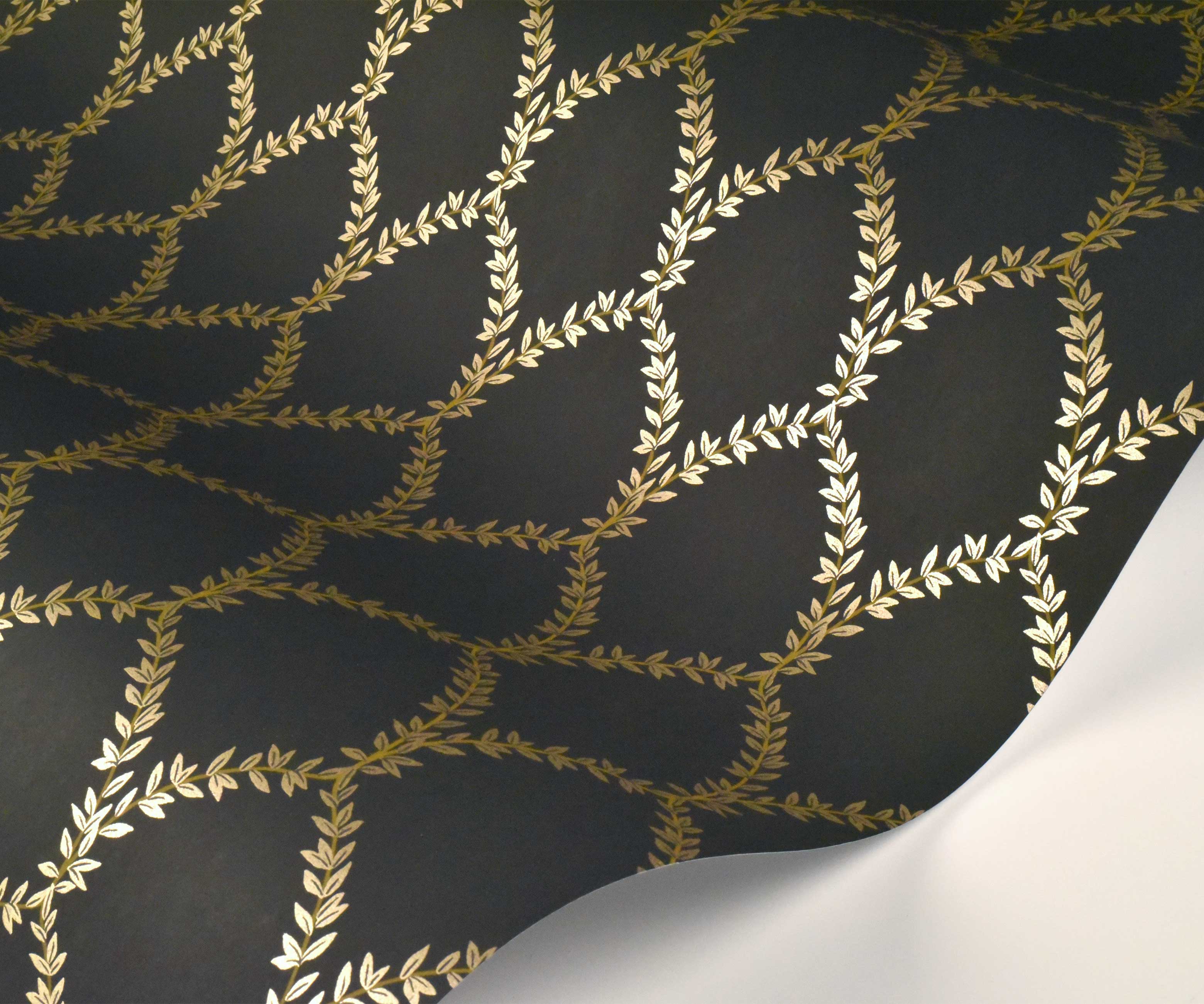 Laurel Wallpaper Sample - Metallic Gold & Black - Image 2
